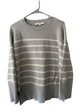LOFT Striped Crewneck Sweater | Size L |Heather Gray & Cream | Minimalist